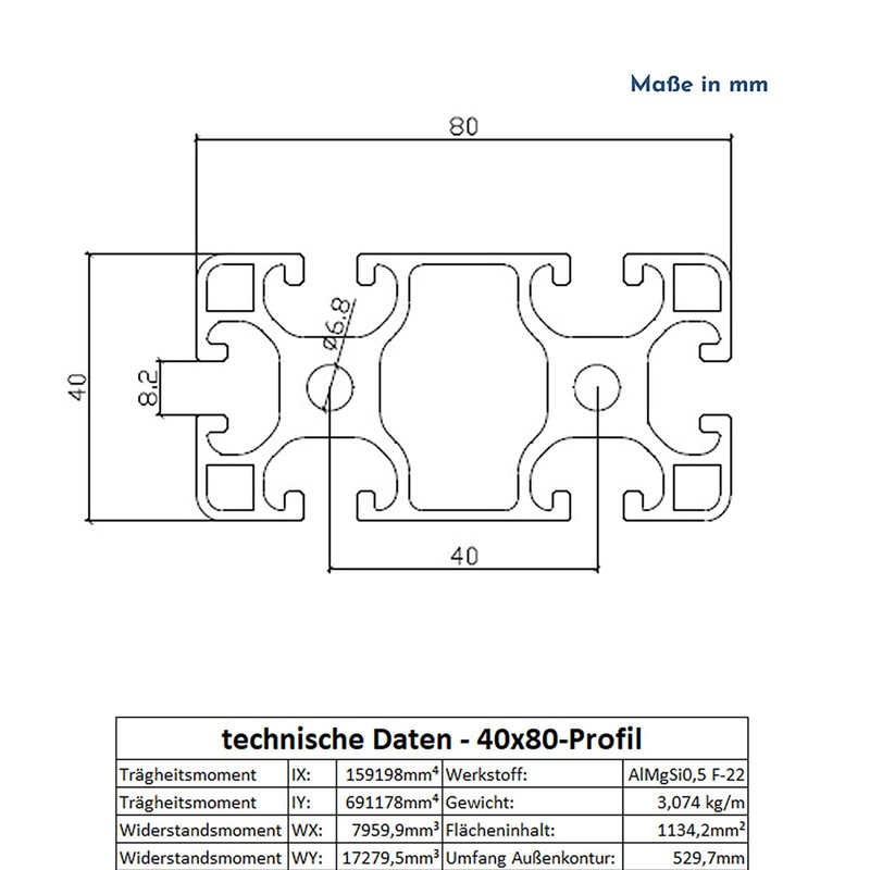 Aluminium Profile 40 x 80 mm Groove 8 Aluminium System