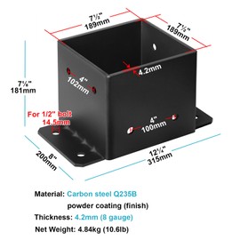 eoere Heavy Duty Steel 8x8 Post Base, Fence Base, Anchor Deck Supports Porch Pergola Post Holders, Inner Size 7-1/2", Thickness 5/32"(8 Gauge)