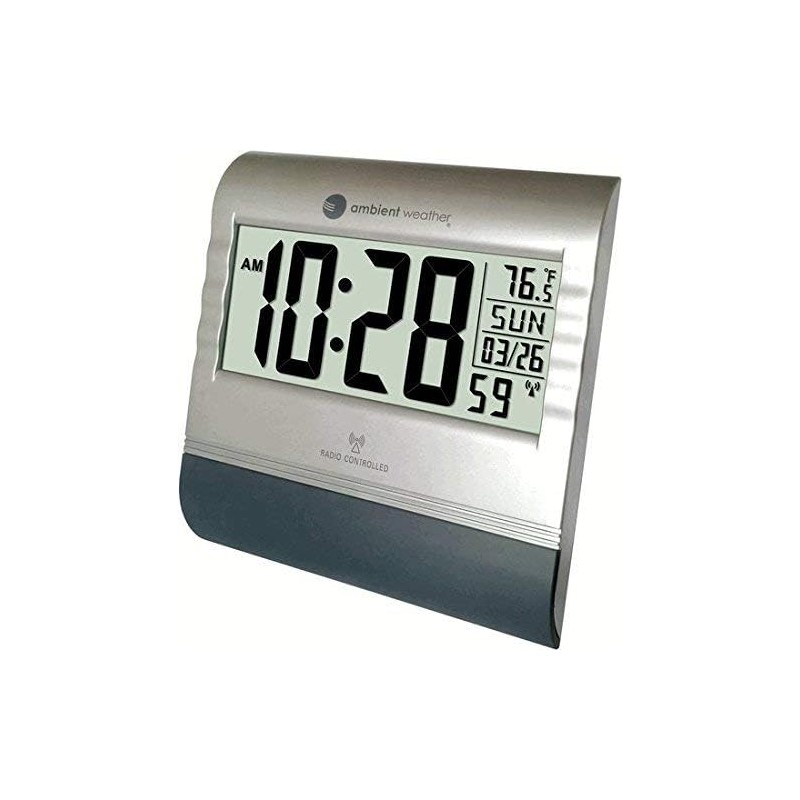 Ambient Weather RC-9362 Silver Atomic Digital Wall Clock with Temperature