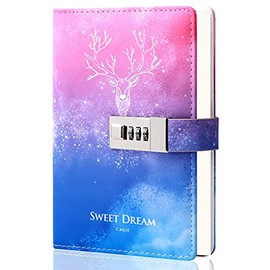CAGIE Lock Journal Leather Diary with Lock for Women Forest Deer Painting Adults Writing Personal Refillable Locked Notebook 5.1 inch x 7.4 inch