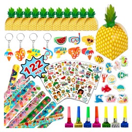 Leesgel Hawaii Party Decoration Children, 122 Pieces Hawaiian Party Bags, Children's Birthday Key Ring Bracelets, Gift Box, Tattoo Sticker, Hawaiian Decoration Souvenir Children, Tropical Summer