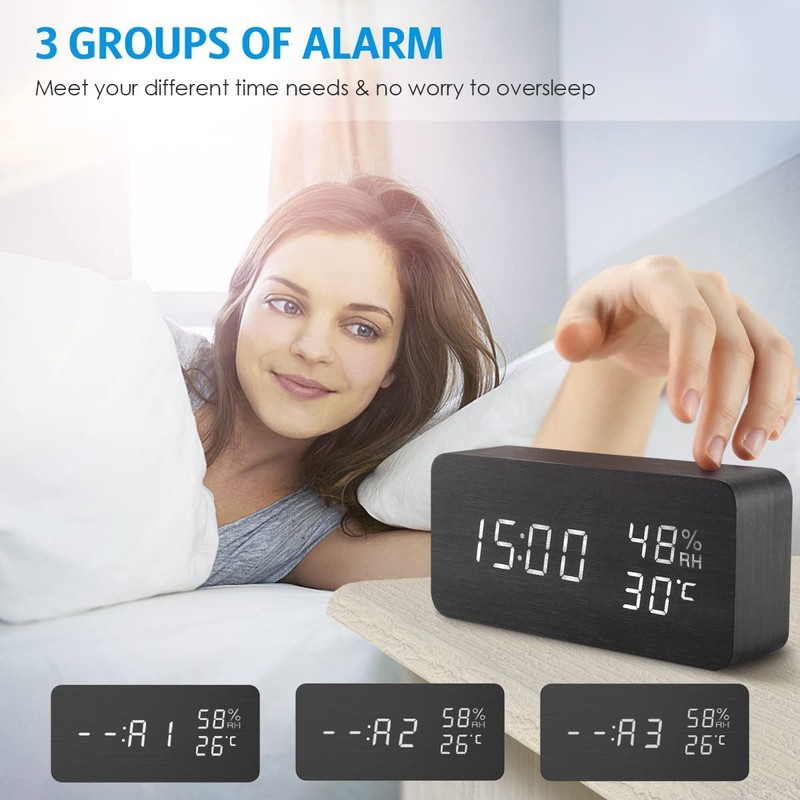 AMIR Alarm Clock, Wooden Digital Multi-Function Modern Cube LED Light,