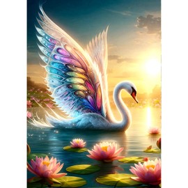 QINRUBB Swan Diamond Painting Adults, 5D Lotus Diamond Painting Pictures Beginners, DIY Sunset Round Full Drill Diamond Painting Embroidery Cross Stitch Gifts Home Wall Decor 30 x 40 cm