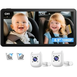 vantisan Cámara Coche Bebé Asiento Trasero, 1080p Camara para Carro Bebe, Pantalla 6.9" Espejo para Carro Bebe, 160°Wide Angle con Visión Nocturna, 360 °Rotating Espejo para Bebe Auto,Doble Cámara