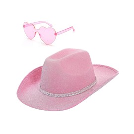 DAJOOEE Kid's Cowgirl Hat with Heart Sunglasses Glitter Cowboy Hat for Women Cosplay Bachelor Party Costume Hats (US, Alpha, Small, pink)