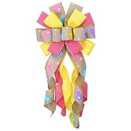 Large Happy Easter Wreath Bows for Front Door Decorations, Flaxen Yellow Pink Bows Easter Bunny Bow Holiday Burlap Tree Topper Bows for Wreath Wall Easter Party Decor