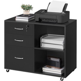 Yaheetech 3-Drawer File Cabinet, Mobile Lateral Filing Cabinet Printer Stand with Open Storage Shelves Under Desk Organization for Home Office, Black