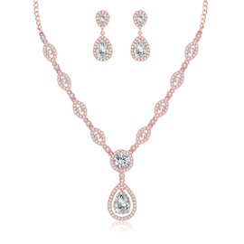 GULICX Jewelry Set for Womens, Rose Gold Plated Teardrop Rhinestone Wedding Bridesmaid Prom Jewelry Set Pendant Necklace Drop Dangle Earrings Set for Brides