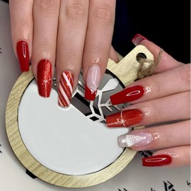 Christmas Press on Nails Coffin Fake Nails Red Glue on Nails Long Christmas False Nails with Xmas Tree Snowflake Designs Holiday Square Acrylic Full Cover Christmas Stick on Nails for Women 24PCS