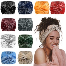 AKTVSHOW 7'' Wide Bandana Headbands for Women, 10 Pack Large Boho Paisley Turban Headband Fashion Non Slip Hairbands Thick Head Wraps Yoga Workout Hair Accessories