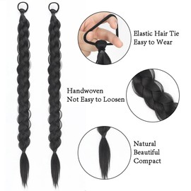 mdgfge 2Pcs Braided Ponytail Extensions with Hair Ties Soft Synthetic Hair Pieces 16 Inch for Women Daily Wedding Birthday Party Wear (Natural black)