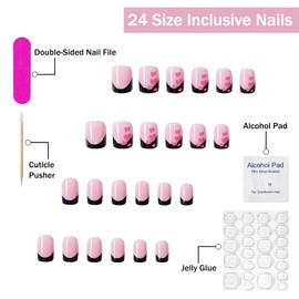 SWEKKE Valentines Press on Nails Short Square French Tip Petite Fake Pink Full Cover Heart False with Designs Black Nail Glossy Glue Acrylic Artificial for Women Girls 24Pcs