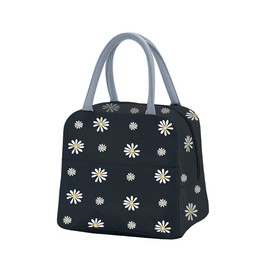 JIHUOO Daisy Insulated Lunch Bag Floral Tote Lunch Bag Thermal Picnic Bag Reusable Tote Lunch Box Portable Lunch Holder Container with Front Pocket Black