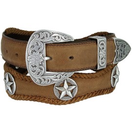 Austin Texas Star Conchos Cowboy Cowgirl Western Belt Crazy Horse Scalloped Genuine Leather Belt 1-1/2"(38mm) Wide (Brown, 44)