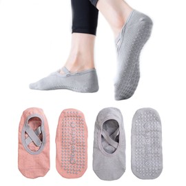 TSHAOUN 2 Pairs Yoga Socks Non-Slip Pilates Socks for Women, Non-Slip Socks for Yoga, Pilates, Dance and Ballet, Aerobics and Fitness Training, Stopper Socks, Pink and Grey