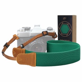 Padwa Lifestyle Green Camera Strap - Double Layer Crazy Horse Cowhide End, 1.5" Wide Pure Cotton Woven Adjustable Neck Shoulder Strap for DSLR Cameras, Gift for Photographers