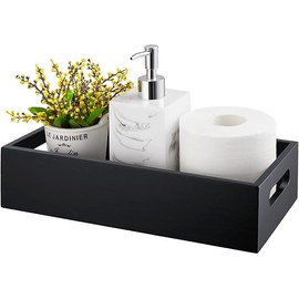 ALELION Black Bathroom Basket - Wooden Toilet Tank Paper Basket with Handle for Organizing - Back of Toilet Storage Organizer for Bathroom Tank Topper Counter - Black Bathroom Decor Box