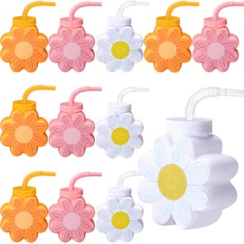 Domensi 12 Pcs Daisy Themed Party Favor Gift Supplies Daisy Flower Cups with Lids and Straws,10 oz Daisy Flower Plastic Cups for Daisy Birthday Party, Wedding Baby Shower Party Decorations Supplies