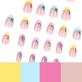 24Pcs Summer Press on Nails Short Almond Fake Nails Colorful French Tip False Nails with Fruit Designs Glue on Nails Cute Acrylic Nails Full Cover French Summer Stick on Nails for Women Nail Art
