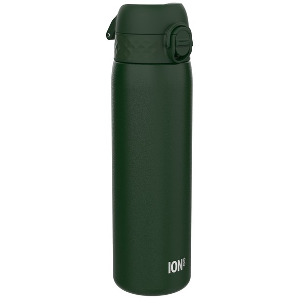 Ion8 Steel Water Bottle, 600ml, Leak Proof, One-Finger Open, Dishwasher Safe, Hygienic Flip Cover, Fits Cup Holders, Spill-free On-The-Go, Carry Handle, Durable & Scratch Resistant, Dark Green