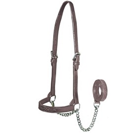 Derby Originals New and Improved Premium Flat Fancy Stitch Leather Cattle Show Halter with Matching Chain Lead