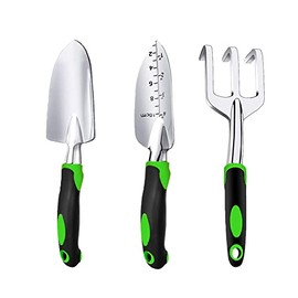 Juego de herramientas de jardín, 3 piezas de herramientas de jardinería incluye paleta de jardín, paleta de trasplante y rastrillo de mano con mango ergonómico antideslizante, kit de jardinería