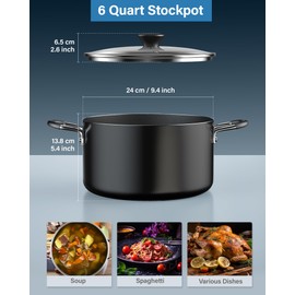 Cook N Home Nonstick Stockpot with Lid 6-QT, Professional Deep Cooking Pot Cookware Casserole with Glass Lid, Black