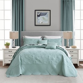 Blythease Oversized King Bedspread 128x120 Extra Wide, Paisley Pattern Design, Lightweight Bedding Cover, Reversible, 5 Piece, 100% Microfiber, Seaglass