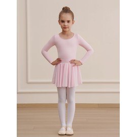 WEGETIT Long Sleeve Girls Leotard Gymnastics Leotards for Girls Ballet Dance Dresses with Skirt, Pink, 6-8 Years