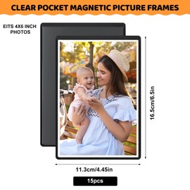 6x4Inch Magnetic Photo Frames for Fridge - 15 Pack Magnetic Picture Frame Set, Magnets Photo Sleeves, Reusable Magnetic Frames for White Board, DIY Fridge Magnets for Kids Adult Family, Black