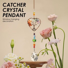 Healing Crystal Stone Sun Catchers, Tree of Life Rainbow Maker with Hanging Crystals, Natural Gemstone Sun Catcher for Windows, Spiritual Home Decor