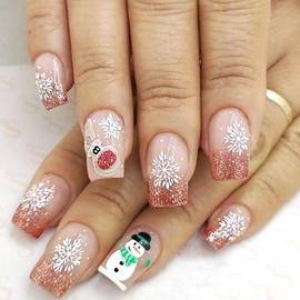 Christmas Press on Nails Short Square Pink French Tip Fake Nails Glitter Tips Glue on Nails with White Snowflake Designs Elk False Nails Winter Holiday Manicure Decorations for Women Acrylic Nails