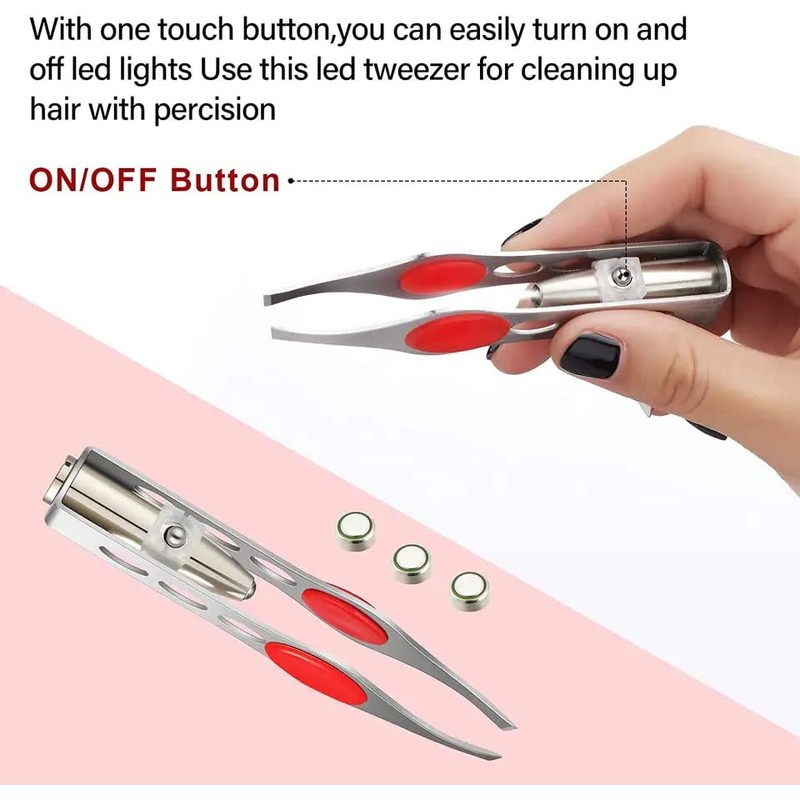 Professional tweezers with steel LED light for eyebrow and hair