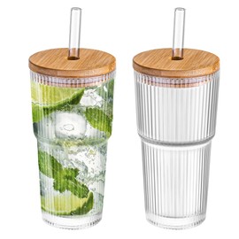 Dingerjar 20 oz Ribbed Glass Tumblers with Bamboo Lids and Straws, 2 Pcs Wide Mouth Thickened Vintage Glass Cup for Boba, Iced Coffee, Juice