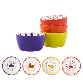 Bico Cartoon Fruit Pop Scalloped 22oz Ceramic Cereal Bowls, Set of 4, Microwave & Dishwasher Safe, Assorted Colors