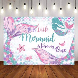 Avezano Mermaid 1st Birthday Backdrop Our Little Mermaid is Turning One Party Background First Birthday Party Decoration Under The Sea Birthday Dessert Table Banner (7x5ft)