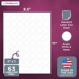 NextDayLabels - 1 Inch Round Labels - Round Sticker Labels for Printer - Matte White Blank Laser/Inkjet Printer Labels - Circle Stickers Printable Labels (25 Sheets, 63 Per Sheet, 1575 Labels)