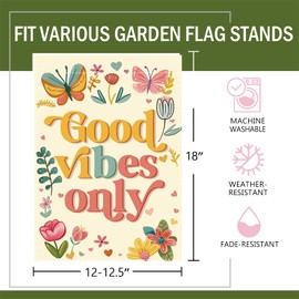 Terkki Good Vibes Only Inspirational Decorative Garden Flag, Floral Butterfly Motivational Small Yard Outside Decorations, Positive Flower Burlap Outdoor Home Decor Double Sided 12 x 18
