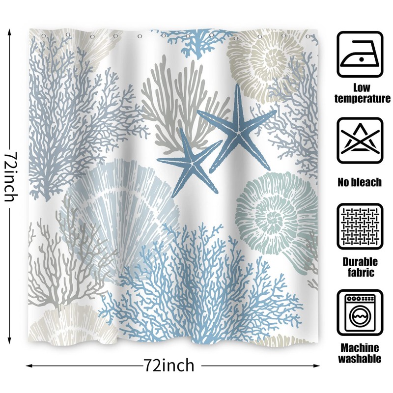 GKLEASG Nautical Beach Shower Curtain, Blue Tropical Coral Ocean Seashell