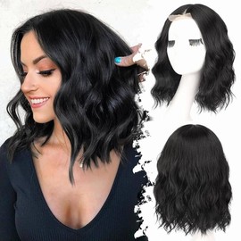 AISI HAIR FallFreshness 14 Inch Wave Wigs for Women Pre-Cut Lace Hairline Shoulder Length Middle Part Wavy Bob Synthetic Heat Resistant Fiber for Daily Use Stretchable Hair Net:_Black