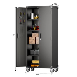 Aobabo Metal Storage Cabinet with Wheels, Steel Lockable Cabinet with Pegboards and 4 Hooks and 4 Shelves, for Home Office Garage, Assembly Required, Black