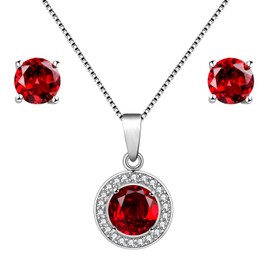 Uloveido Women's 925 Sterling Silver Red Garnet Stone Gemstone Necklace and Earrings Wedding Engagement Anniversary Jewellery Set for Girls Women FT003