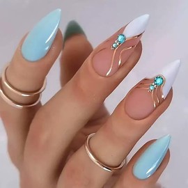 Almond Press on Nails Medium Length Blue Fake Nails Gold Line Acrylic Nails French Tip False Nails Glossy Artificial Nails with Designs Rhinestone Glue on Nails for Women Girls Manicure 24Pcs