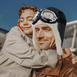 Peicees Vintage Aviator Hat and Goggles Pilot Hat Costume for Adult Kids Leather Trapper Hat with Fur Ear Flaps Winter Warm Brown