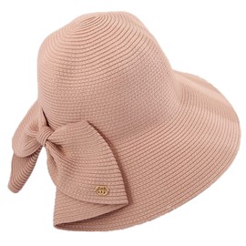 Womens Wide Brim Slit Sun Hat Bow Knot Summer Straw Sun Hats for Women (Pink)