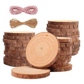 OPULANE Natural Wood Slices 30Pcs 3.5-4 Inches Unfinished Wood Rounds Predrilled Holes with 98Ft Twine String Wood Circles for Crafts Wood Burning Painting Arts Wedding Decor DIY Christmas Ornaments
