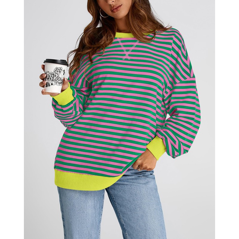 BTFBM Womens Oversized Striped Sweatshirt Crewneck Long Sleeve Pullover Top