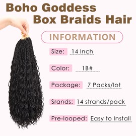 Eeanno Goddess Box Braids Crochet Hair 14 Inch 7 Packs Boho Crochet Braids for Women Pre Looped Crochet Box Braids with Curly Ends (14 Inch, 1B#)