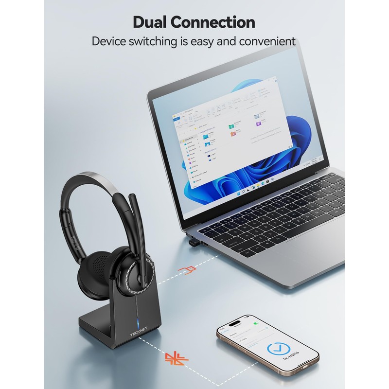 TECKNET Wireless Headset, 5.3 ENC Bluetooth Headset with Microphone, Computer