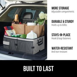 GORILLA GRIP Large Capacity Sturdy Trunk Storage Organizer, Slip and Water Resistant Collapsible Organization Container for Car Sedan or SUV, Multi Compartment Box Vehicle Accessories, Gray